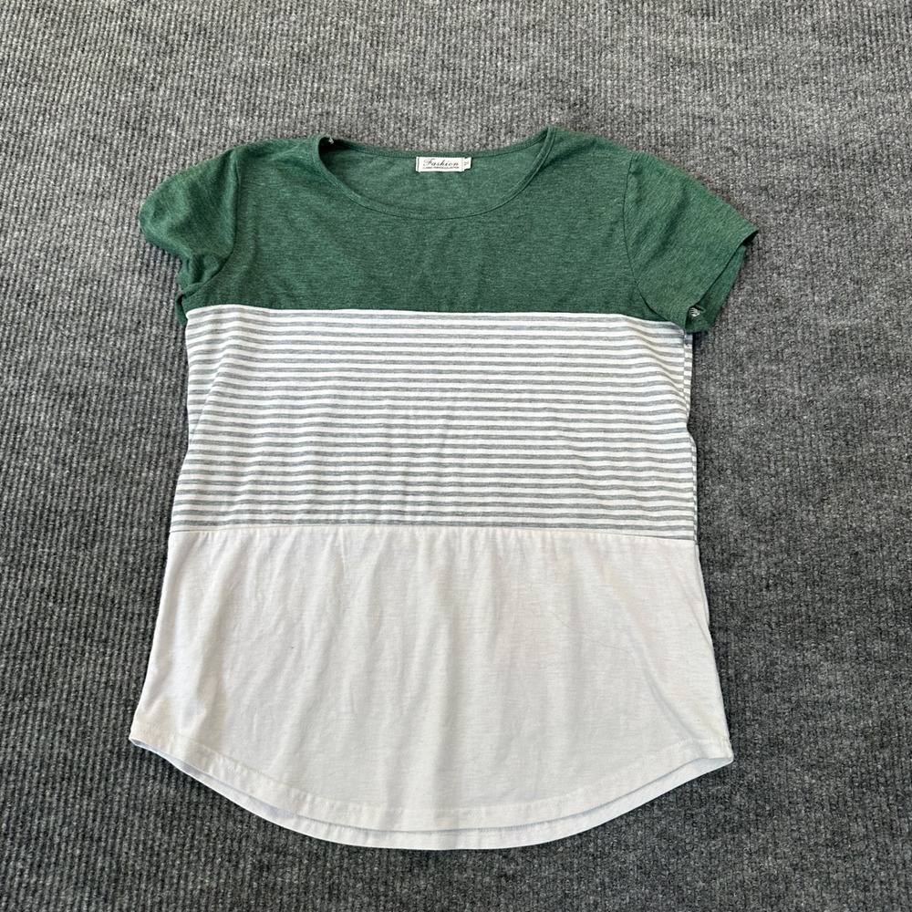 Fashion Womens Classic Collection T Shirt Medium Green Striped Colorblock Tee